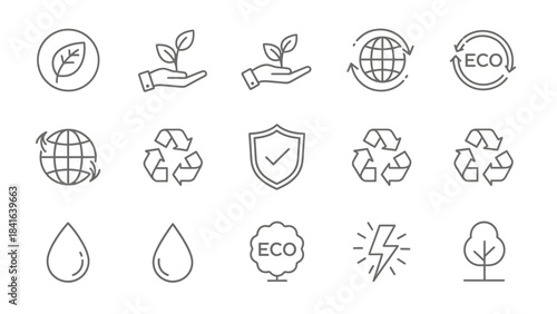 Eco-friendly Line Icons Illustrating Sustainability, Conservation, and Environmental Protection