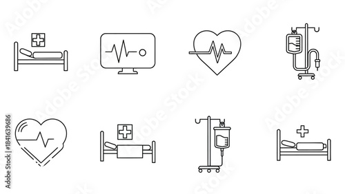 Medical icons set representing healthcare facilities, cardiac monitoring, patient care, and