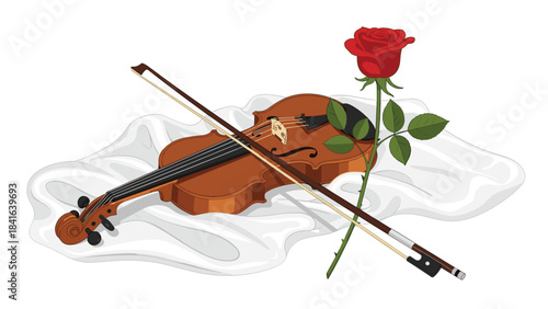 A beautiful violin and bow with a red rose on a white cloth
