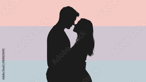 Silhouette of a Couple Embracing in a Romantic Pastel Setting Expressing Love