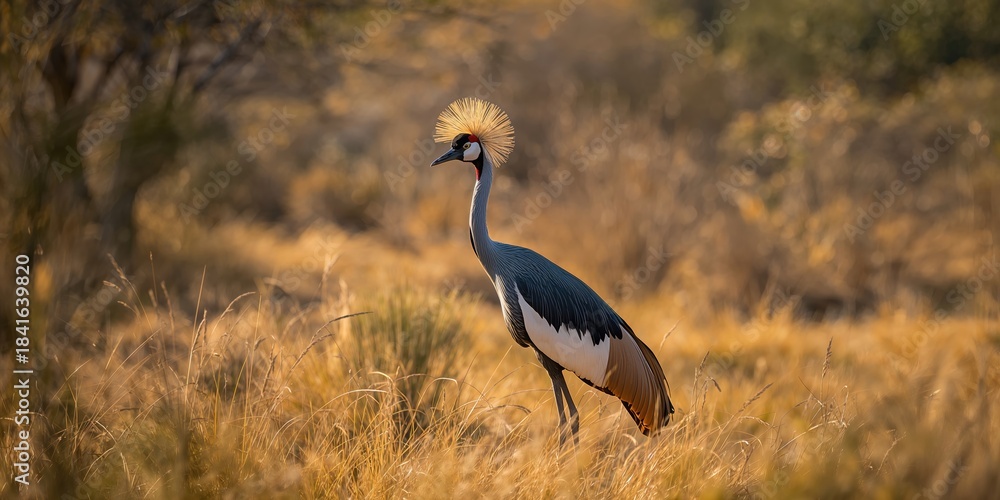 Fototapeta premium Crowned crane perched among tall grasses in a wildlife reserve, illustrating avian biodiversity
