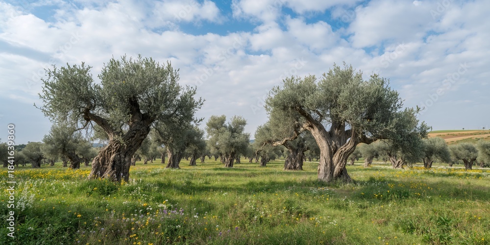Naklejka premium Old olive trees in an orchard with flowers and grass beneath, seasonal growth, Earth Day