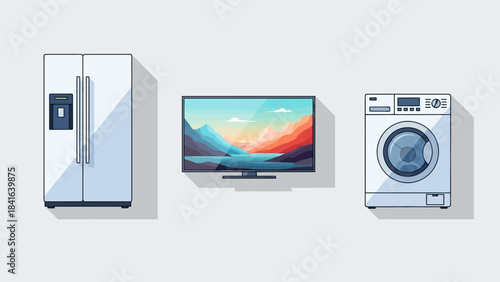 Minimalist illustration featuring modern appliances like refrigerator, tv, and washing machine
