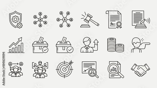 Diverse business and management linear icons representing various aspects of corporate affairs