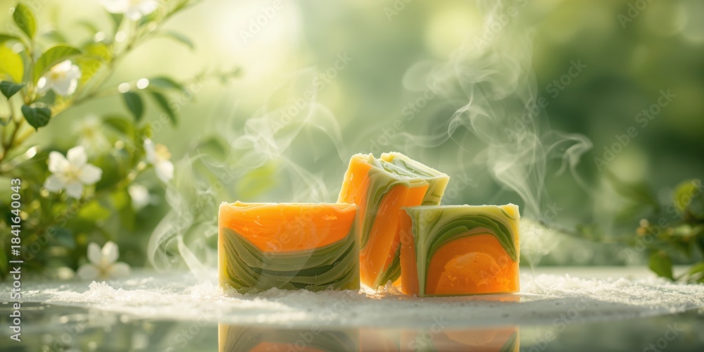 Naklejka premium Natural organic soap bars displayed for eco-friendly skincare, environmental awareness