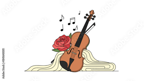 A beautiful illustration of a violin with a pink rose and musical notes on a cream colored cloth