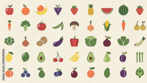 Collection of vibrant and colorful fruit and vegetable icons arranged on a plain background