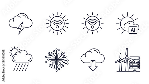 Minimalist line art representing technology, weather patterns, and renewable energy concepts for