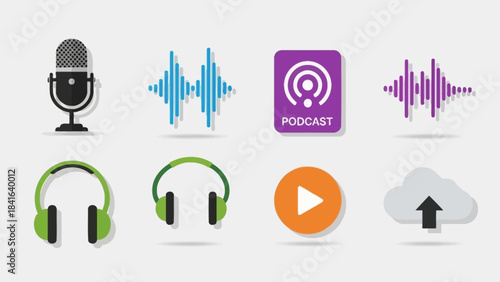 Vector illustration presenting podcasting tools and elements on white backdrop