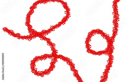 A red abstract textured line drawing on a solid black background creating loops and swirls isolated on transparent background
