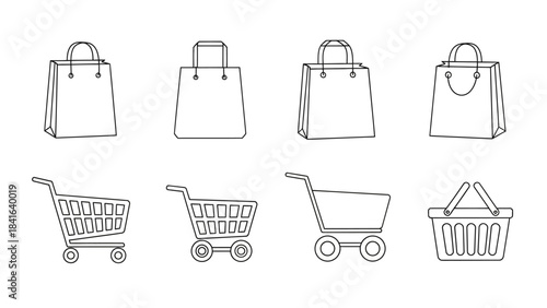 Minimalist shopping element set featuring bags, carts, and baskets in outline style design ideal