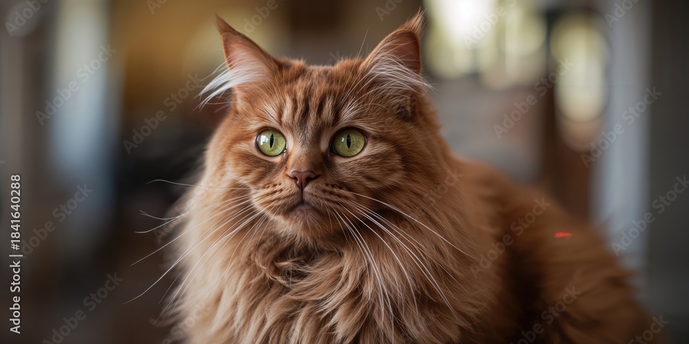 Fototapeta premium Close-up of a brown purebred cat's head facial features, focused on grooming behavior, pet care, World Animal Day