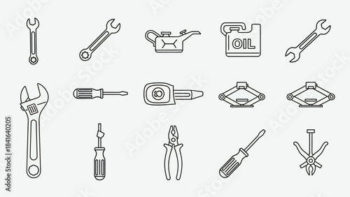 Automotive repair tools collection presented in a minimalist outline style illustration