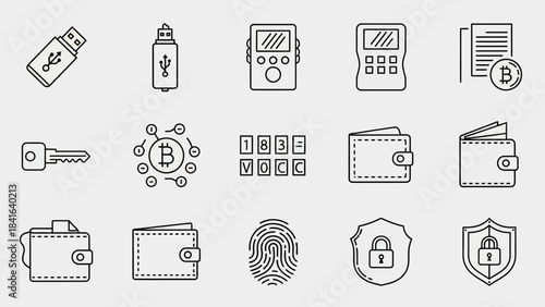 Digital Security Icons Set: Representing Blockchain Technology and Cryptocurrency Protection