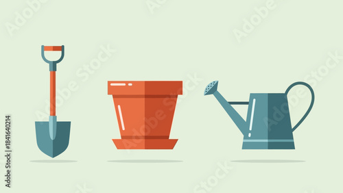 Essential garden implements set in minimalist style for spring planting season preparation