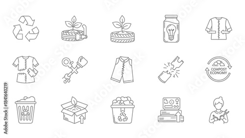 Collection of outline icons symbolizing environmental consciousness and responsible consumption