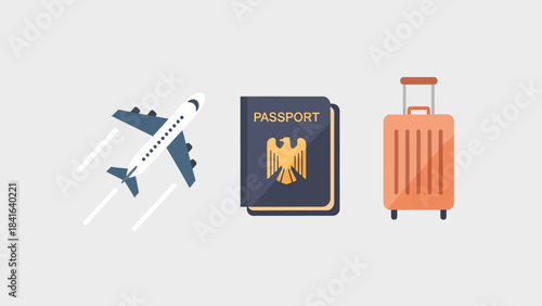 Essential travel gear icons: airplane, passport, and luggage for international adventures