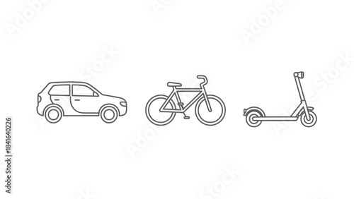 Line art showcasing various modes of transportation, car, bicycle and scooter designs for eco