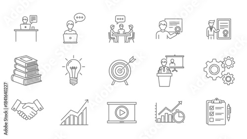 Collection of thin line business vector icons emphasizing teamwork and strategies for corporate