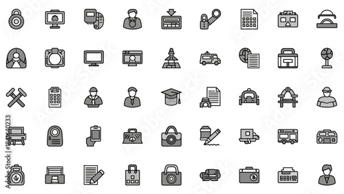 Diverse vector icon set representing business, technology, education, and general lifestyle topics