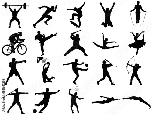 Black Human Silhouette Sports Icons Set – Vector Athletic Action Figures on White Background