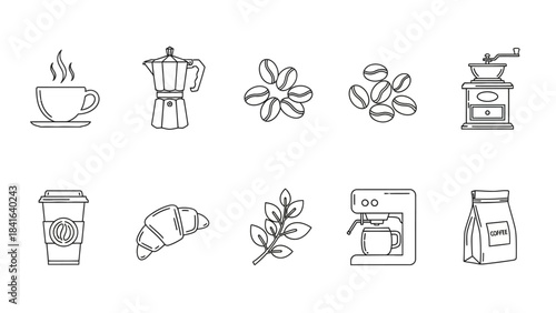 Coffee elements in outline style to be used for the menu or branding projects