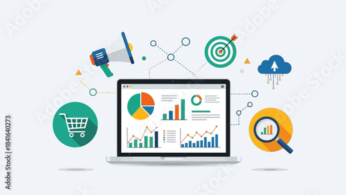 Flat design illustration showcasing digital marketing analytics and ecommerce trends with laptop