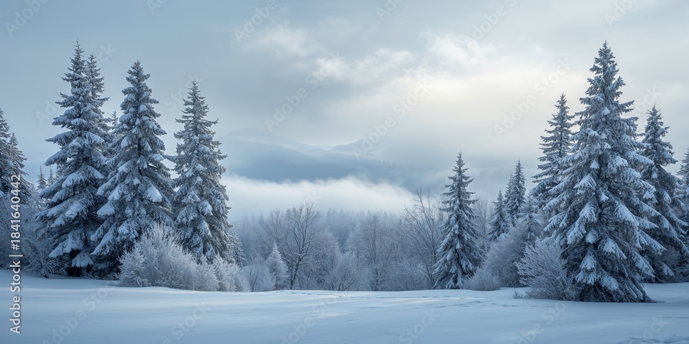 Obraz premium Fresh snow covering a pine forest, seasonal change and erosion risk