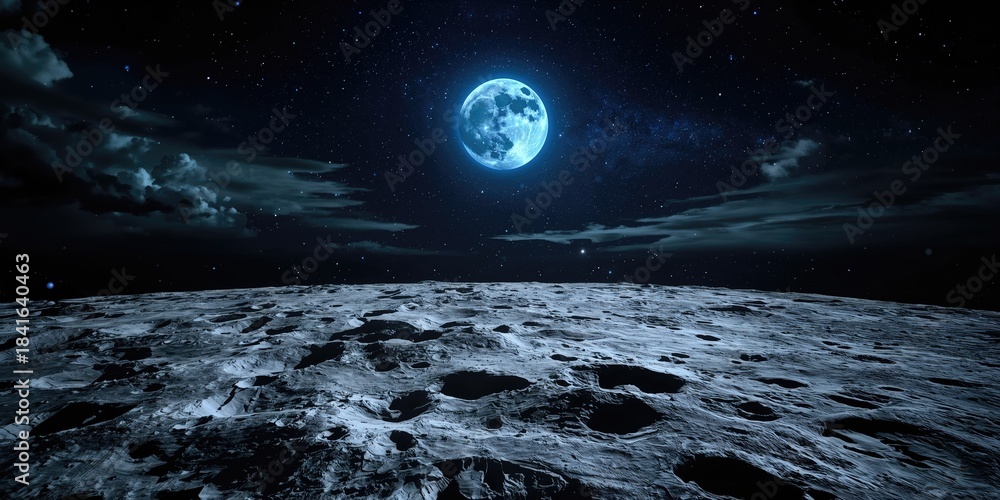 Obraz premium Lunar terrain with a futuristic panorama serving as a background for space exploration visuals, Earth Day