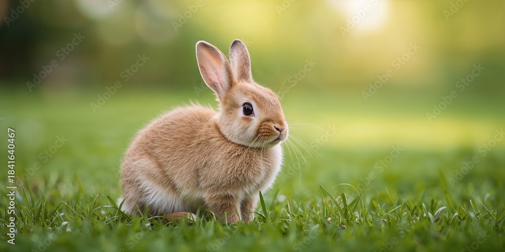 Fototapeta premium Brown rabbit resting on lush grass, suitable as a natural background for spring themes, Easter observance