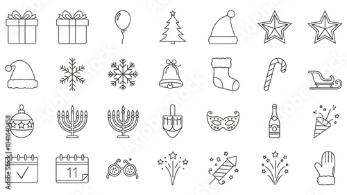 Festive holiday icon collection, seasonal celebrations and traditional symbols outline design,