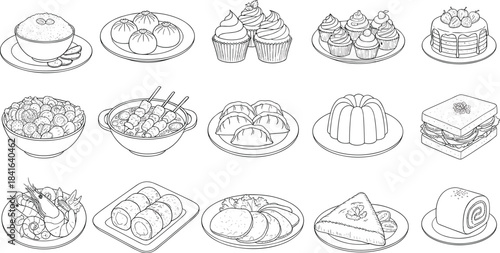 Vector Line Art Icon Set for Cooking and Kitchenware, Including Cutting Board with Knife, Pots, Bowls, Avocado, Oven Mitt, Rolling Pin, and Food Items (Burger, Chicken).