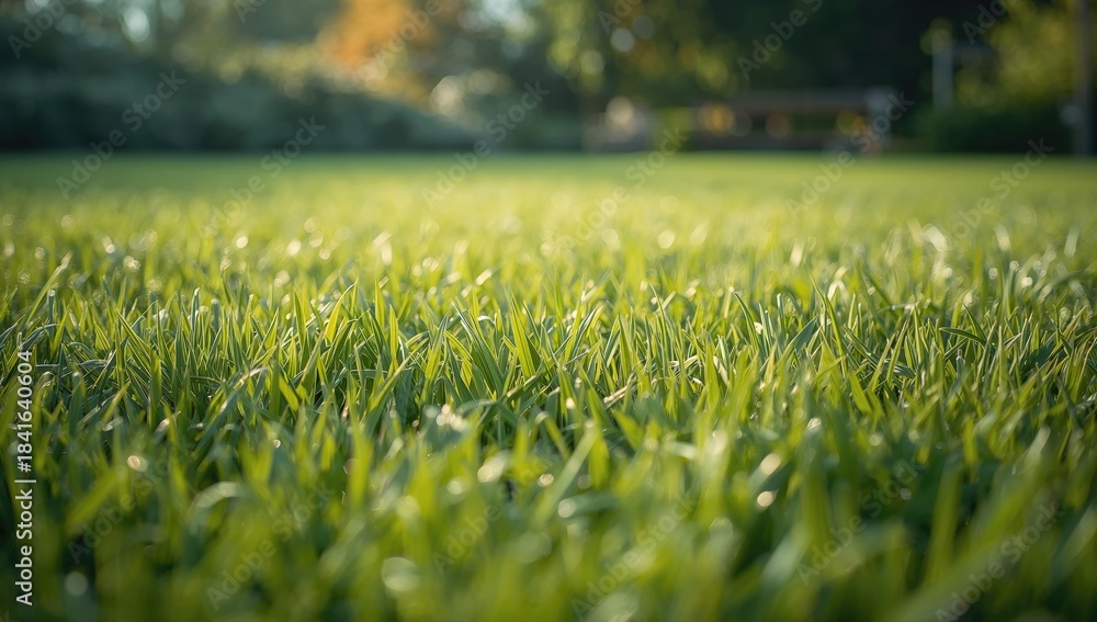 Naklejka premium Fresh, lush grass surface with vivid green hues, serving as a backdrop for text and graphic elements