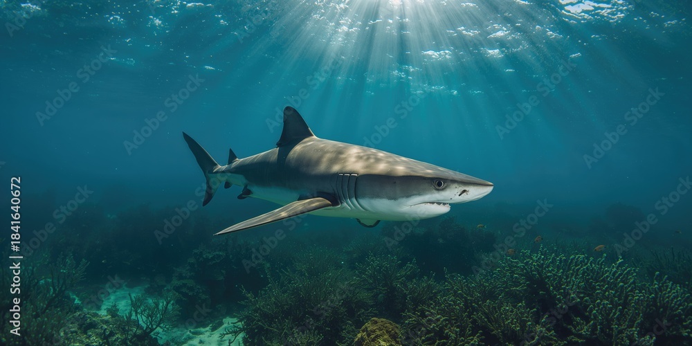 Obraz premium Bull shark in Mexico, highlighting predator behavior and underwater environment