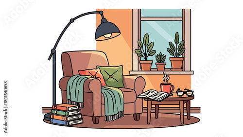 Inviting interior illustration displaying cozy armchair books and beverage arrangement near window
