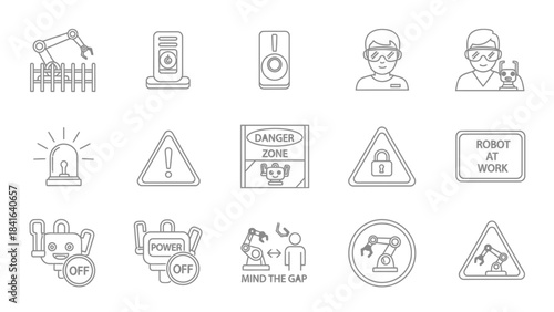 Automation safety protocols and industrial robotics hazards outlined in linear illustration style