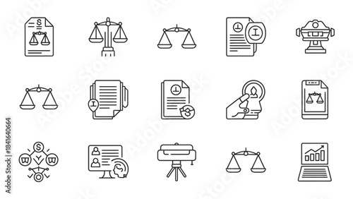 Modern line art icon set symbolizing law finance and business practices, promoting fair trade