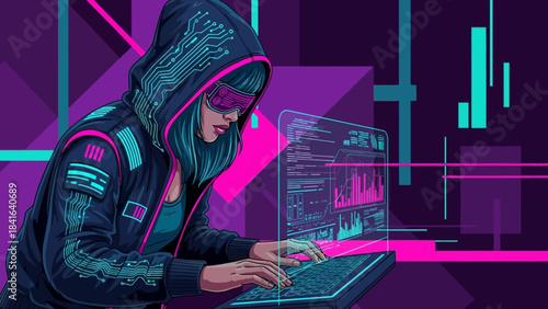 A focused cybernetic operator working with futuristic technology and digital interfaces