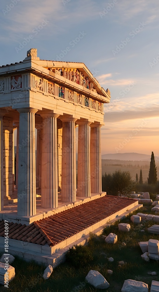 Fototapeta premium A sun-drenched ancient structure with fluted columns stands amidst ruins, overlooking a hilly landscape at sunrise
