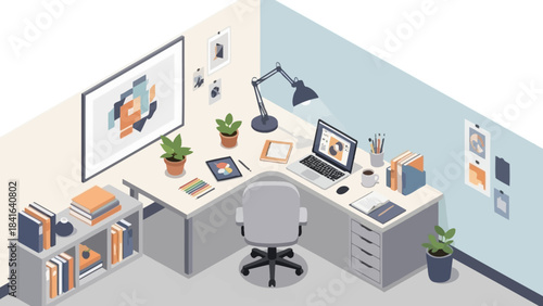 Isometric home office setup illustration featuring desk laptop and various office supplies