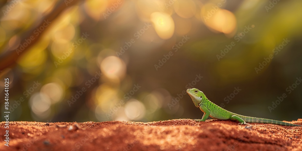Fototapeta premium Green lizard resting on red sand in a forest landscape during summer, natural habitat, nature photography