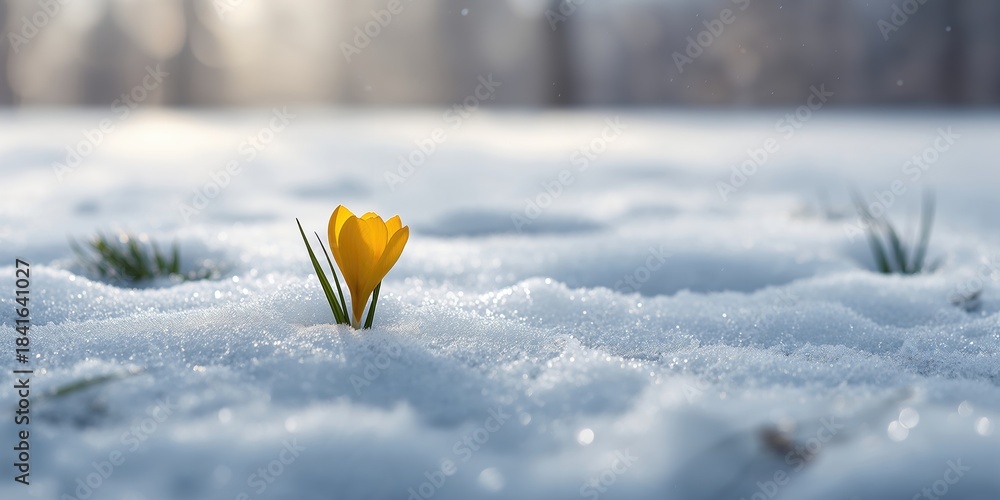 Fototapeta premium Crocus flower emerging from snow, early spring bloom, seasonal change, Nowruz