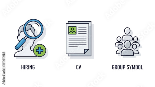 Conceptual recruitment and job search icons illustrating team building and resume assessment