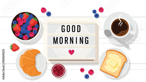 Good morning breakfast concept with food and coffee on a with a heart and colorful berries