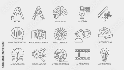 Diverse linear icons representing artificial intelligence applications and technologies showcasing