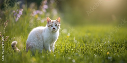 Cat resting on lush grass, ...