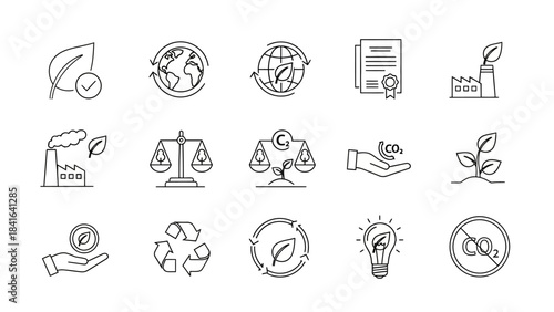 Collection of minimalistic environmental conservation line icons symbolizing sustainability and