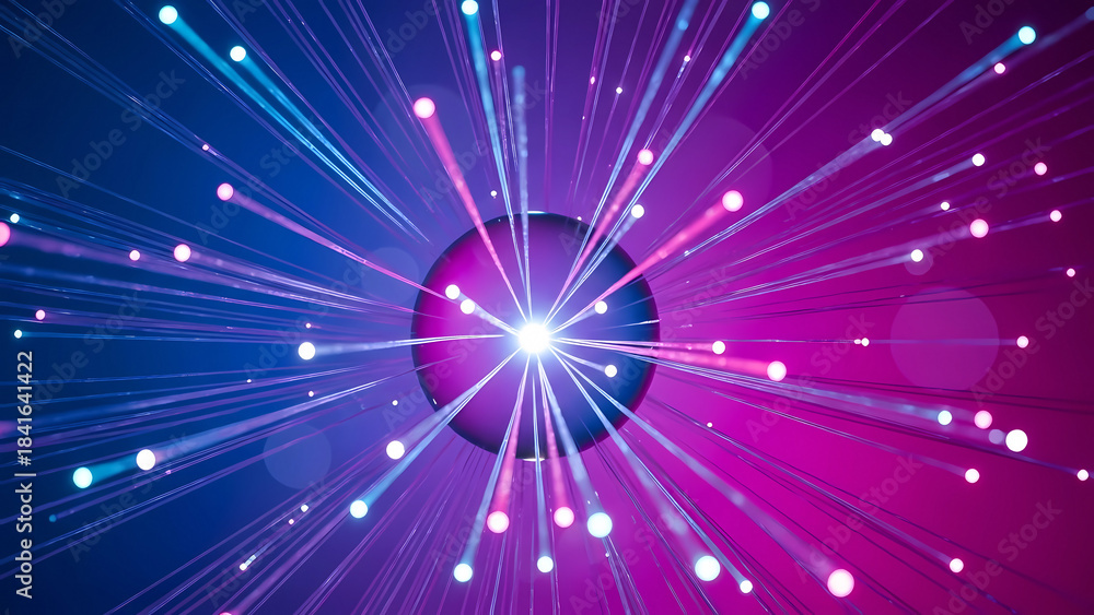 Naklejka premium Abstract Geometric Light Show: This eye-catching image presents a mesmerizing display of light rays and glowing orbs. Radiating from a central sphere, the lights burst forth.