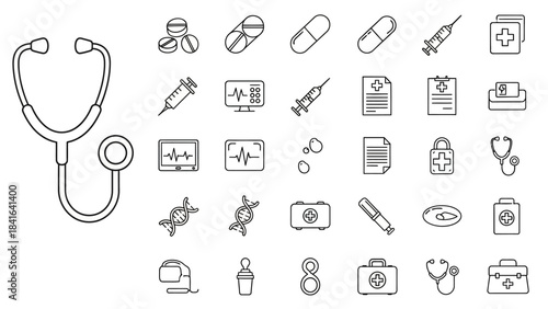 Healthcare line art icon set representing medical tools and equipment for patient care
