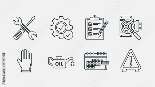 Maintenance and service vector icon set including tools inspections and important details